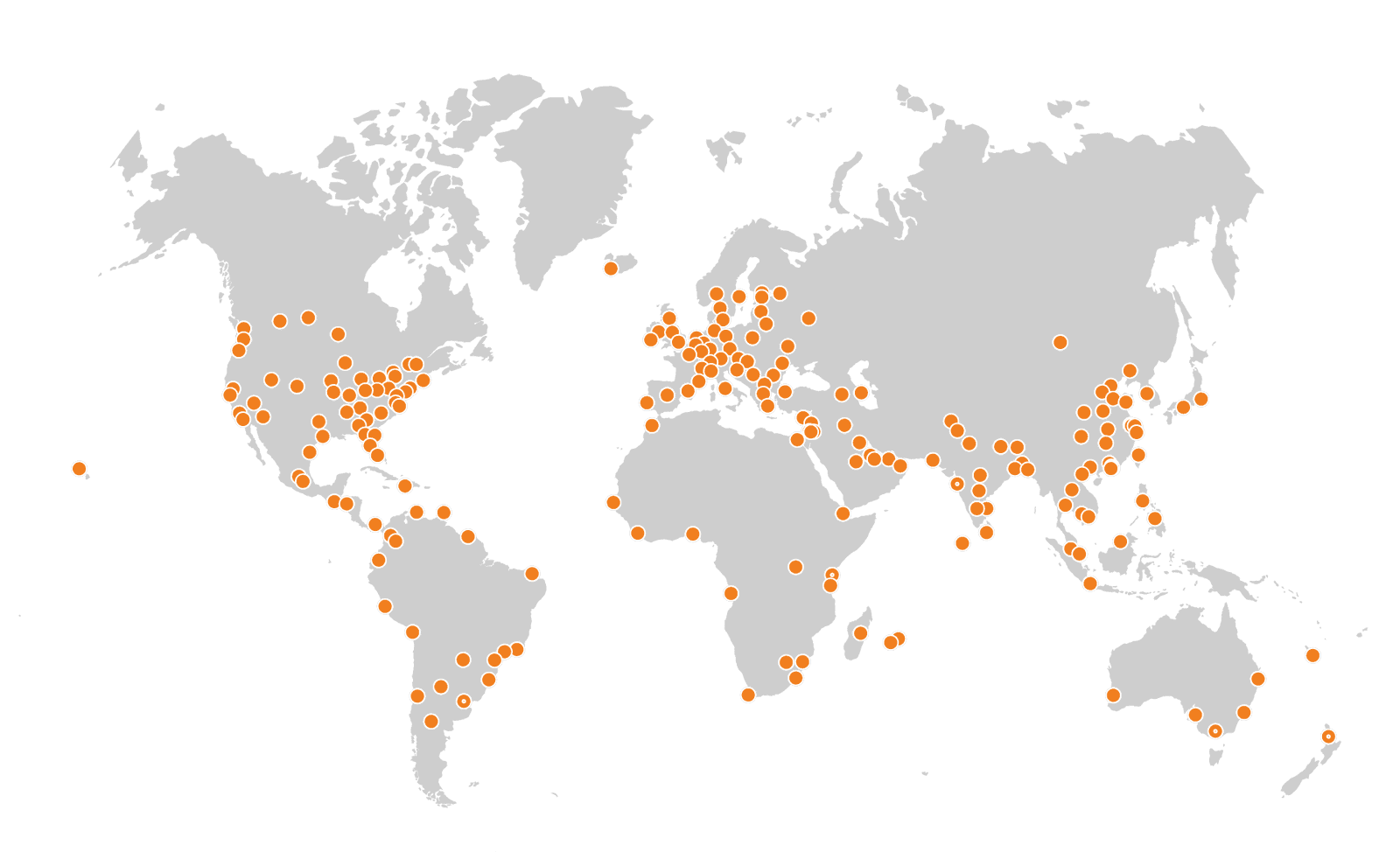 Weltkarte des Cloudflare-Netzwerks mit Standorten auf allen Kontinenten